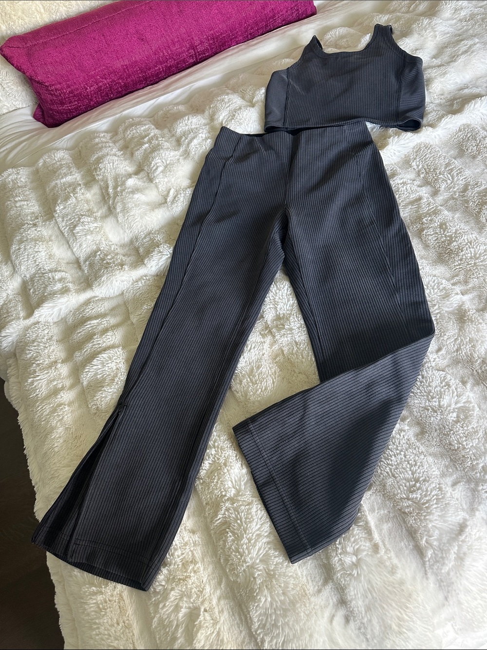 Lululemon Cropped Kick Flare Ankle Zip Ribbed Pants with Matching Top, Black, 4